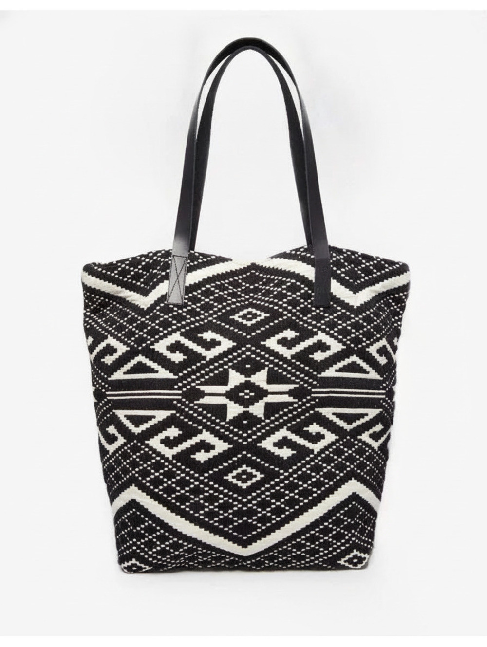 Woven Black White Aztec Geometric Boho Tote Bag Shoulder Bag